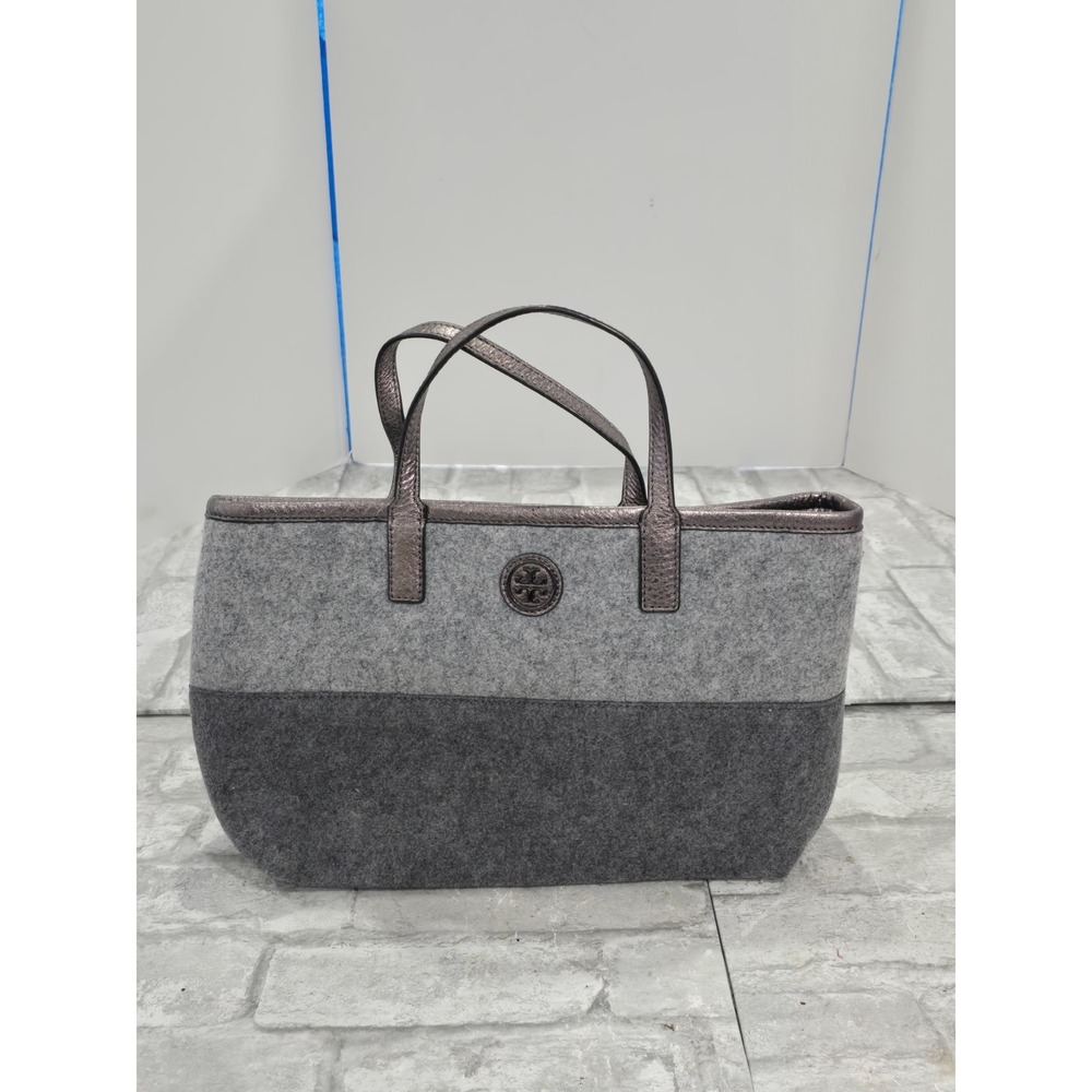 Tory Burch Wool Leather Tote Bag Two Tone Gray Black Ashley Tote Handbag 11"